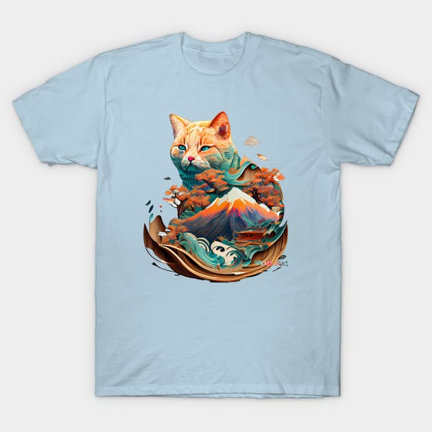 Mt Fuji Wise Yokai Cat Watercolors T-Shirt by Amour Grki